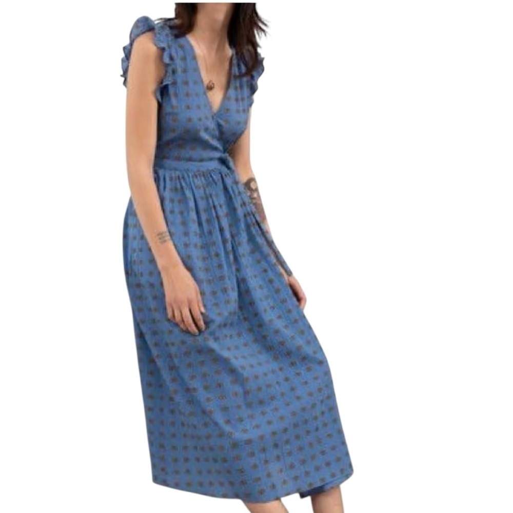 & Other Stories Blue orange floral Midi wrap cotton Dress flutter sleeve size 0